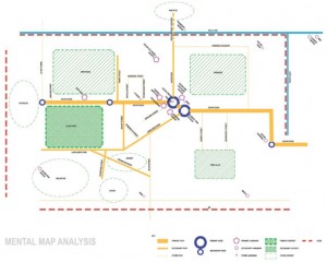 Students worked on the perception of Govan conducting interviews with residents and visitors of various ages, conditions and gender. Mental maps in the "Lynchan" tradition (this figure), fear maps, gang map, and the definition of character areas resulted in a deep understanding of Govan's perceptual landscape.